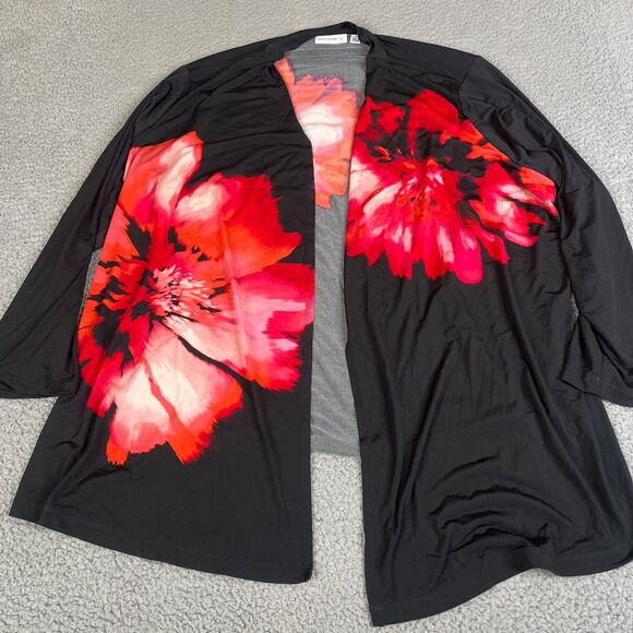 Susan Graver Cardigan Sweater Women 3X Red Black Open Front Floral Plus Size - Picture 3 of 10